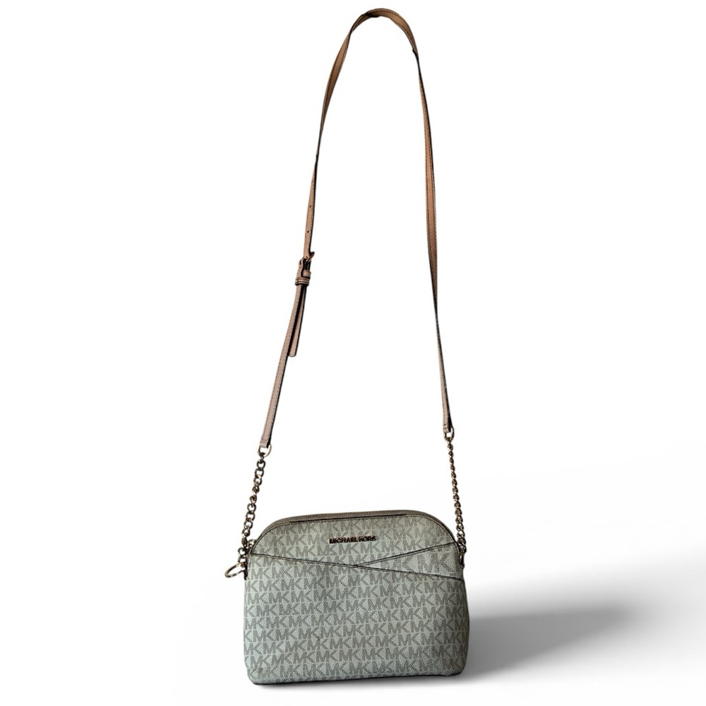 Michael Kors-Beige Brown Logo Crossbody Bag Gold Tone Chain Accent Zip Fair Cond